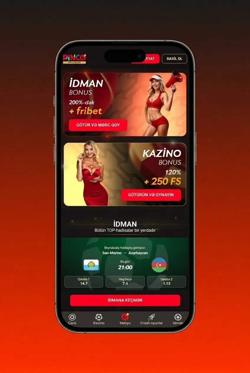 Pinco mobil tətbiqi Android APK ilə idman mərcləri və canlı kazino xüsusiyyətlərini göstərən ekran görüntüsü